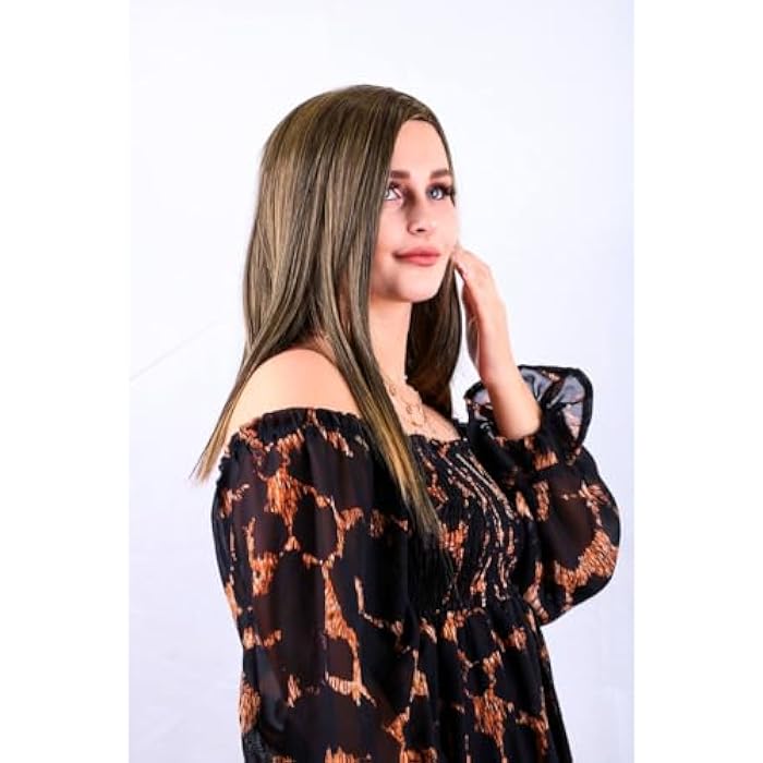 DILLARDS Long Straight Brown Highlighted Synthetic Wig, Off-Shoulder Style Display - Image 4